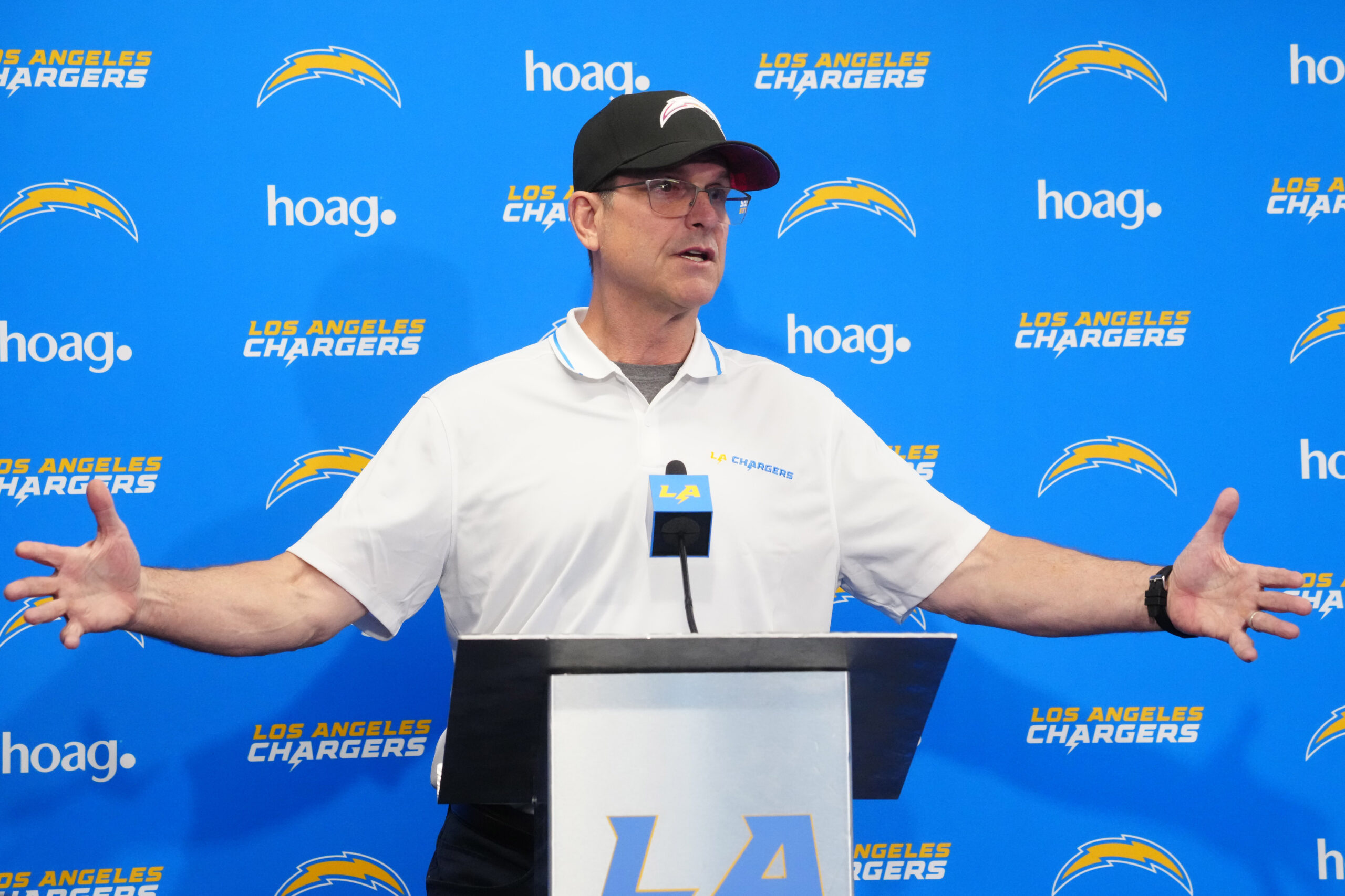 Los Angeles Chargers coach Jim Harbaugh speaks at press conference at Hoag Performance Center.