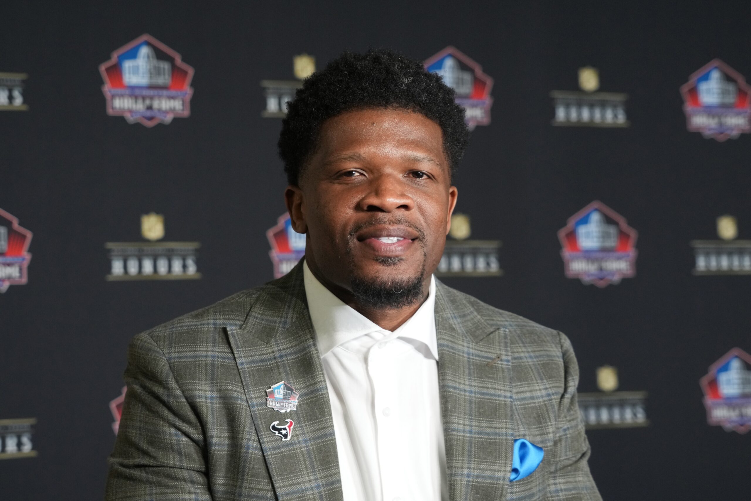 Feb 8, 2024; Las Vegas, NV, USA; Andre Johnson during the NFL Hall of Fame Class of 2024 press conference at Resorts World Theatre. Mandatory Credit: Kirby Lee-USA TODAY Sports