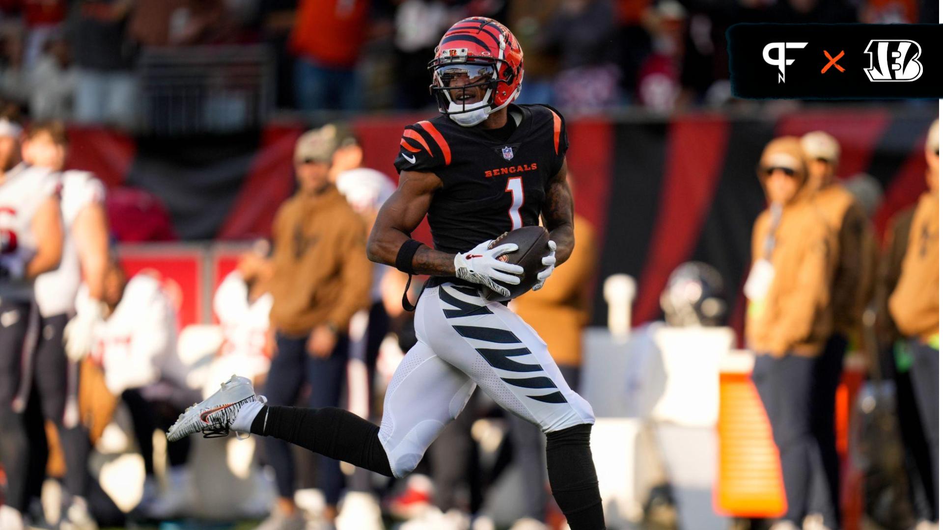 Cincinnati Bengals wide receiver Ja'Marr Chase (1) runs away with the ball on a touchdown reception in the third quarter of the NFL Week 10 game between the Cincinnati Bengals and the Houston Texans at Paycor Stadium in downtown Cincinnati on Sunday, Nov. 12, 2023.